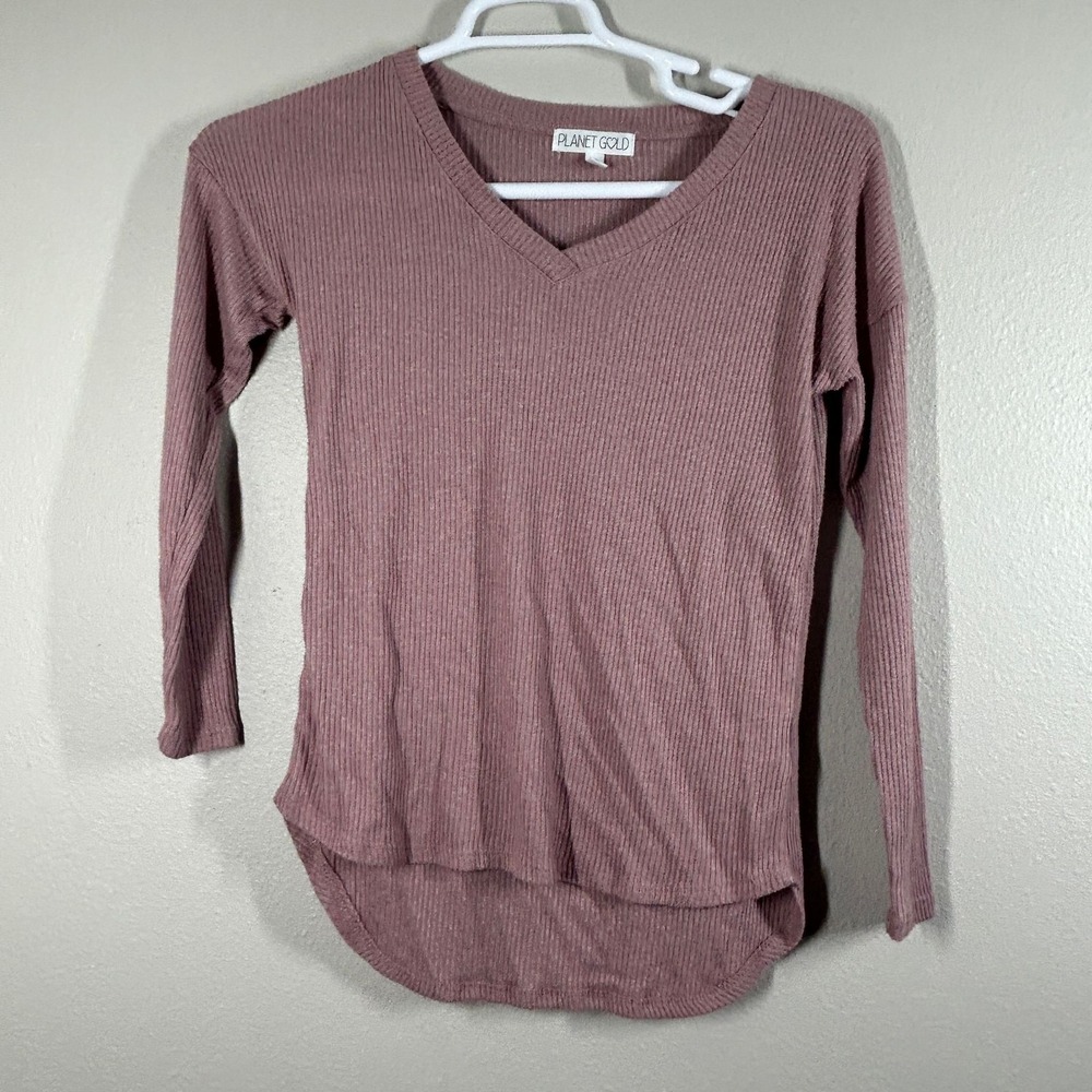 Planet Gold Top Womens XS Ribbed V Neck Long Sleeve High Low Hem Mauve Casual